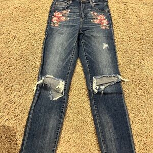 Garage Dark Blue Skinny Jeans with Red Floral Embroidery